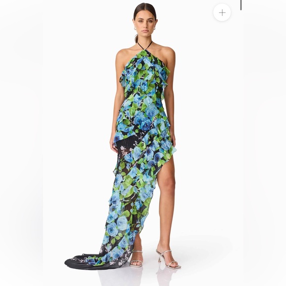 elliatt briony blue & green floral asymmetrical halter ruffle train maxi dress - Picture 1 of 12